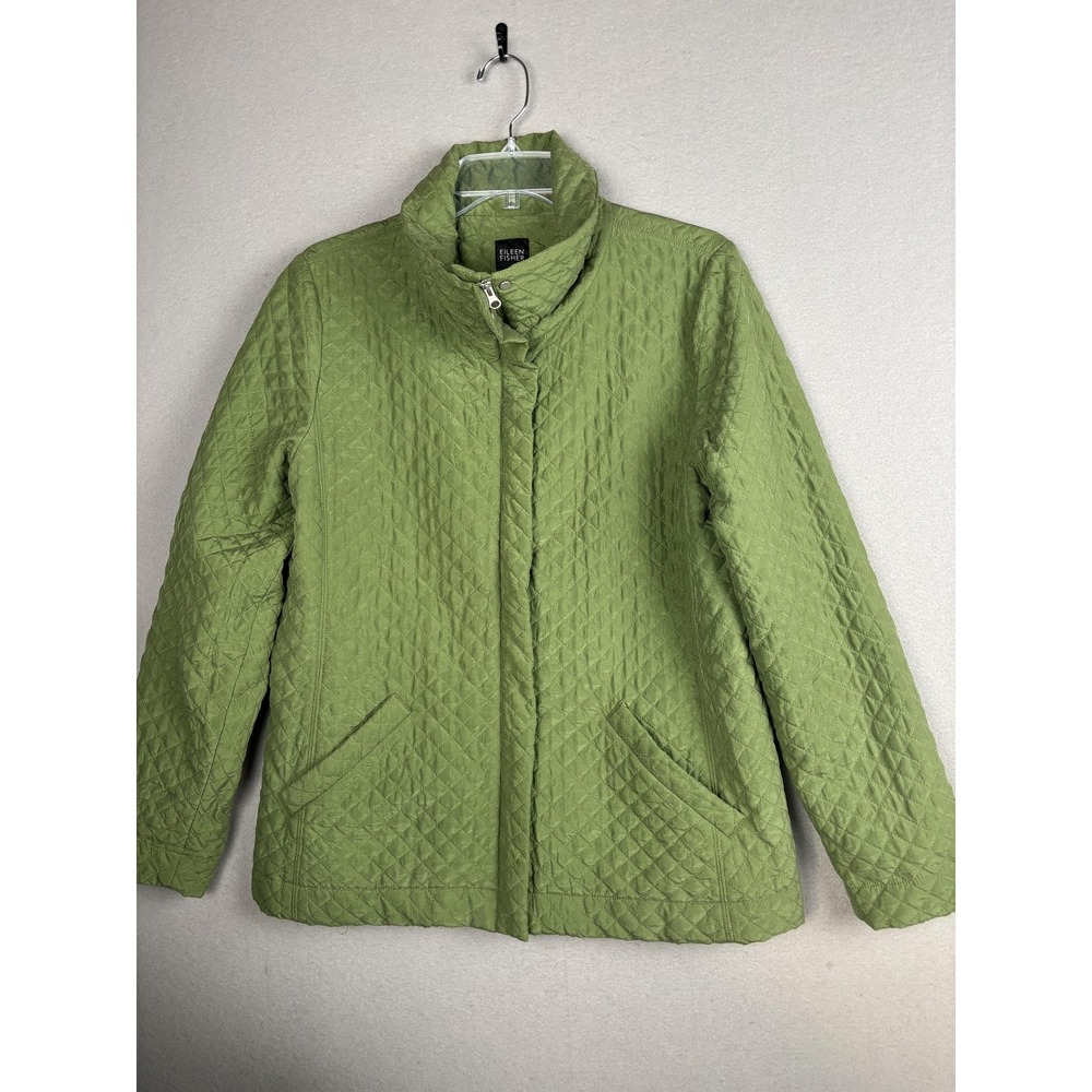 Eileen Fisher Jacket Womens Medium Green Quilted Silk Zip Front Stand Collar